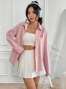 SHEIN Qutie 女款心形印花長袖襯衫 - 粉色 - 查看 4