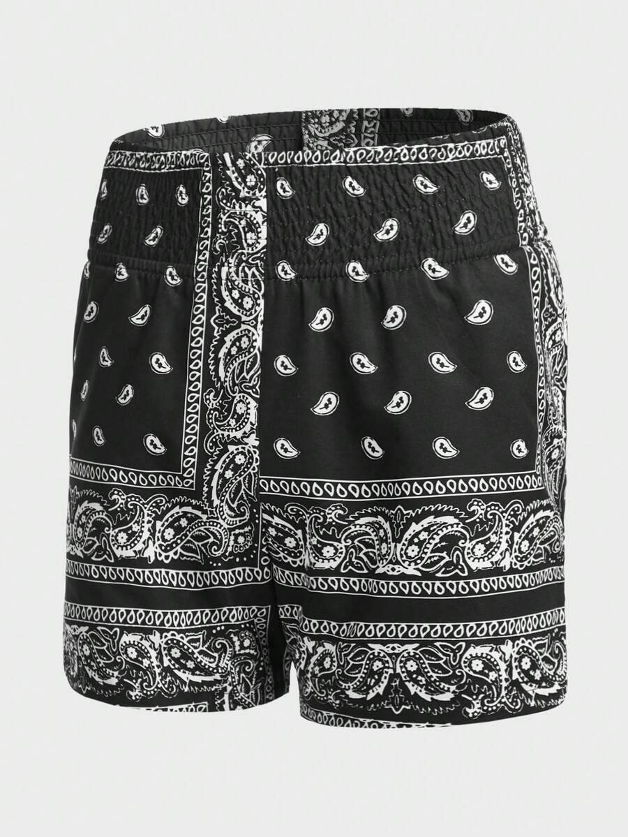 GENTILAND 男款夏威夷印花短褲,帶有利圖案 - 黑色 - 查看 1