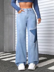 SHEIN EZwear 女士星星圖案牛仔褲 - 中等水洗藍 - 查看 3