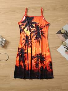 Plus Size Women's Tropical Palm Tree Print Spaghetti Strap Dress