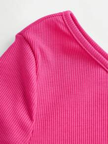 SHEIN 十幾歲女孩的肋紋針織單肩背心上有褶皺,休閒t恤 - 玫紅色 - 查看 3