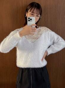 FRIFUL 女式拼布蕾丝和蓬松毛衣，秋季女装 - 白色 - 查看 1