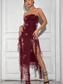 SHEIN ICON Vestido de tubo con volantes asimétricos con volantes y lentejuelas - Burdeos - Ver 3