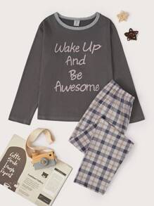 Tween Girl Slogan Printed T-Shirt And Checked Long Pants Homewear Set - Dark Grey - View 1