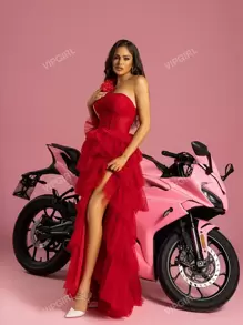 Women's Oblique Shoulder 3D Cake Style Mesh Flare Dress High Slit Evening Dress