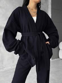 EURMUSE Plus Size Solid Color Lantern Sleeve Two Piece Set With Waist Belt - Black - View 3