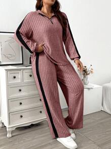 Calvaya Plus Size Contrast Color Ribbed Knit Two Piece Set - Baby Pink - View 1