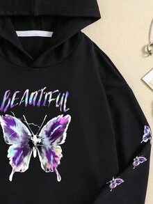 SHEIN Tween Girl Letter & Butterfly Printed Sweatshirt - Black - View 4