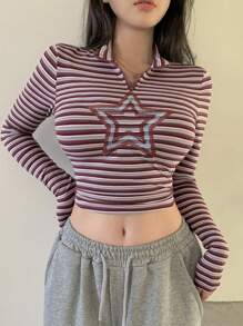 Dazy Designer In sọc Thêu Sao Ngắn Áo thun - Nhiều màu - Xem 7