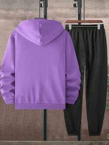 Manfinity 男士字母印花連帽衫和運動褲套裝 - 紫色 - 查看 2
