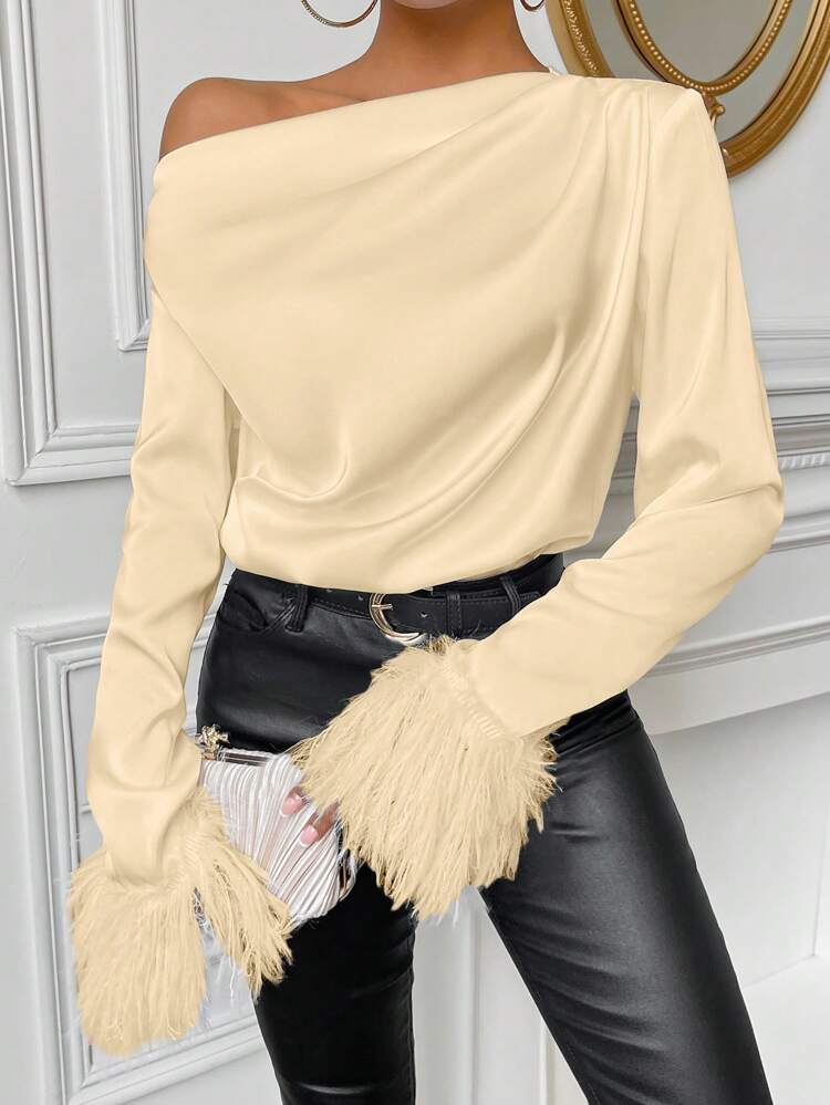 Oblique Shoulder Raw Hem Long Sleeve Shirt