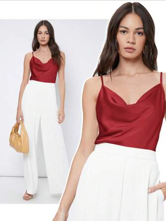 BizChic Women's Sleeveless Satin Camisole Top, Romantic Elegant Solid Color Casual Business Commuter Wear, Suitable For Office, Daily, Autumn