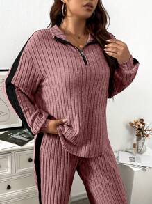 Calvaya Plus Size Contrast Color Ribbed Knit Two Piece Set - Baby Pink - View 5