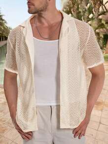 休閒前紐扣純色男士襯衫 - 杏色 - 查看 3