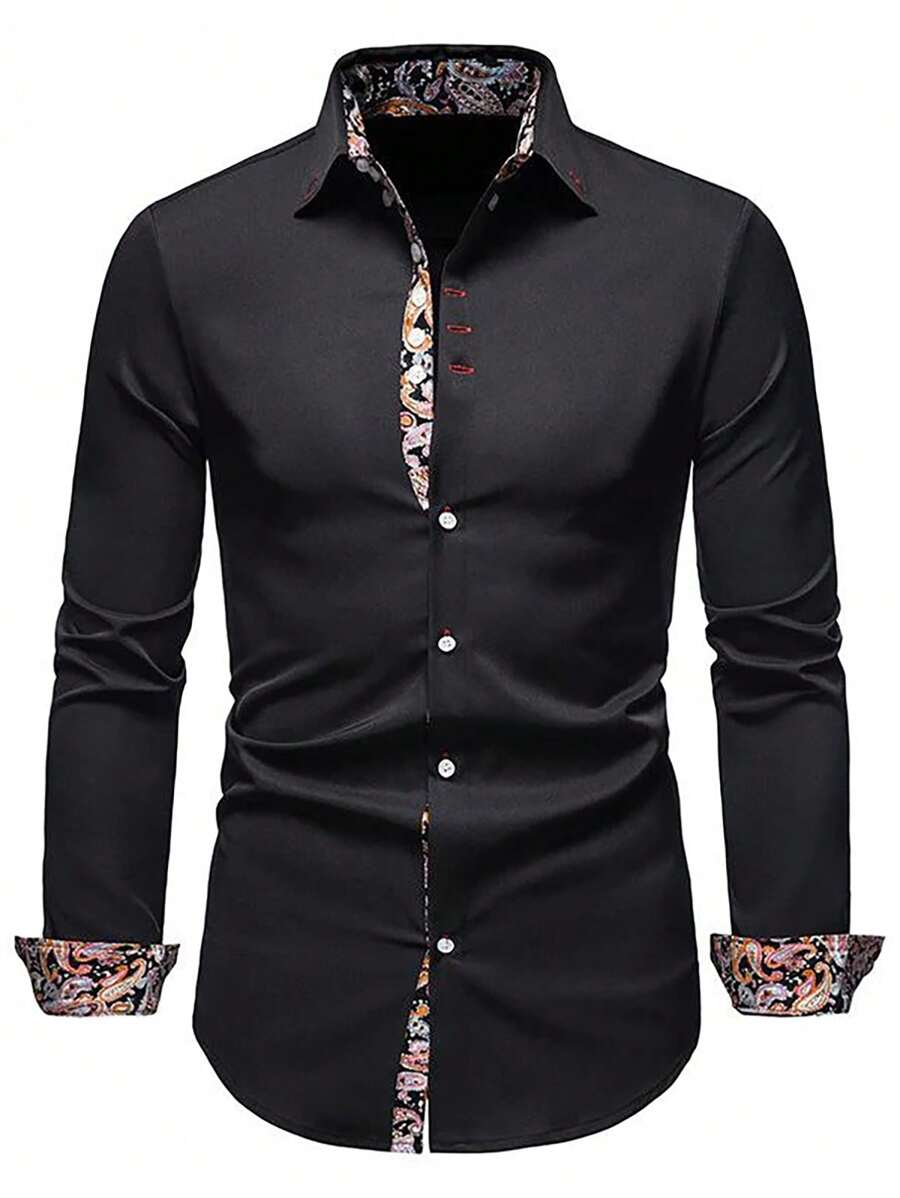 Men Paisley Print Trim Button Up Shirt - Black - View 1