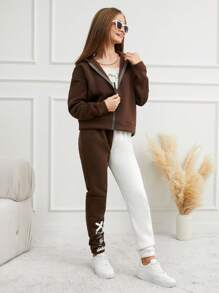 RueChic Teen Girl's Letter Printed Cami Top, Zip-Up Hoodie And Drawstring Joggers Set - Multicolor - View 3