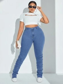 SHEIN SXY Plus Size Elastic High Waist Pleated Skinny Jeans