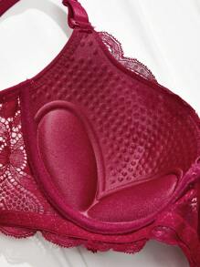 FloralLove Heart Lace Underwire Sexy Bra & Panty Lingerie Set - Burgundy - View 6