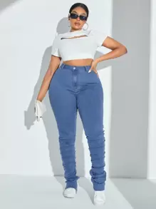 SHEIN SXY Plus Size Elastic High Waist Pleated Skinny Jeans