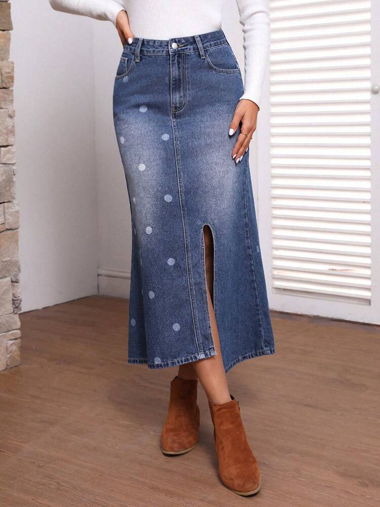 Polka Dot Pattern Washed Denim Skirt With Split Hem