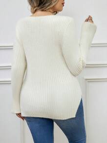 SHEIN Frenchy Kích thước lớn Chất rắn Bên Khe Áo len dệt kim - Màu be - Xem 2