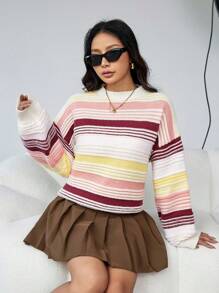 GENKIRA Suéter de punto con hombros caídos y rayas para otoño e invierno - Multicolor - Ver 3