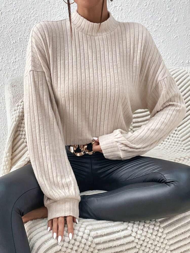 Women's Stand Collar Drop Shoulder Knit Long Sleeve T-Shirt Winter