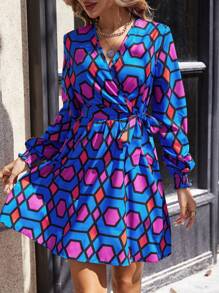 SHEIN Clasi Của phụ nữ In Hình học Bọc Váy có thắt lưng - Màu xanh lam - Xem 1