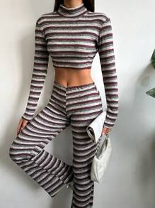 EURMUSE Women's Striped Top And Pants Two-piece Set - Multicolor - View 1