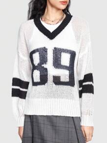 ROMWE Grunge Punk Women's Contrast Color Digital Pattern V-neck Sweater - Black and White - View 2