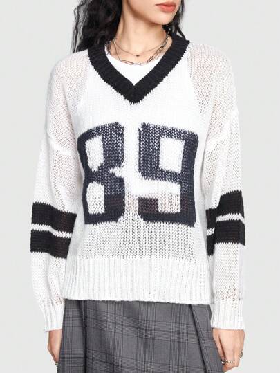 Grunge Punk Women's Contrast Color Digital Pattern V-neck Sweater