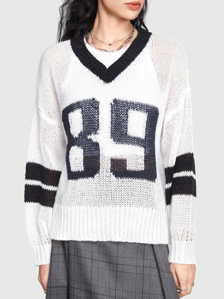 Women's Contrast Color Digital Pattern V-neck Sweater