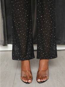 Slaydiva Lapel One Button Blazer Jacket & Rhinestone Net Yarn Long Pants Set