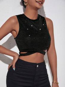 SHEIN Privé Lung linh Quần skinny Áo ba lỗ Với Thánh giá Hem - màu đen - Xem 4