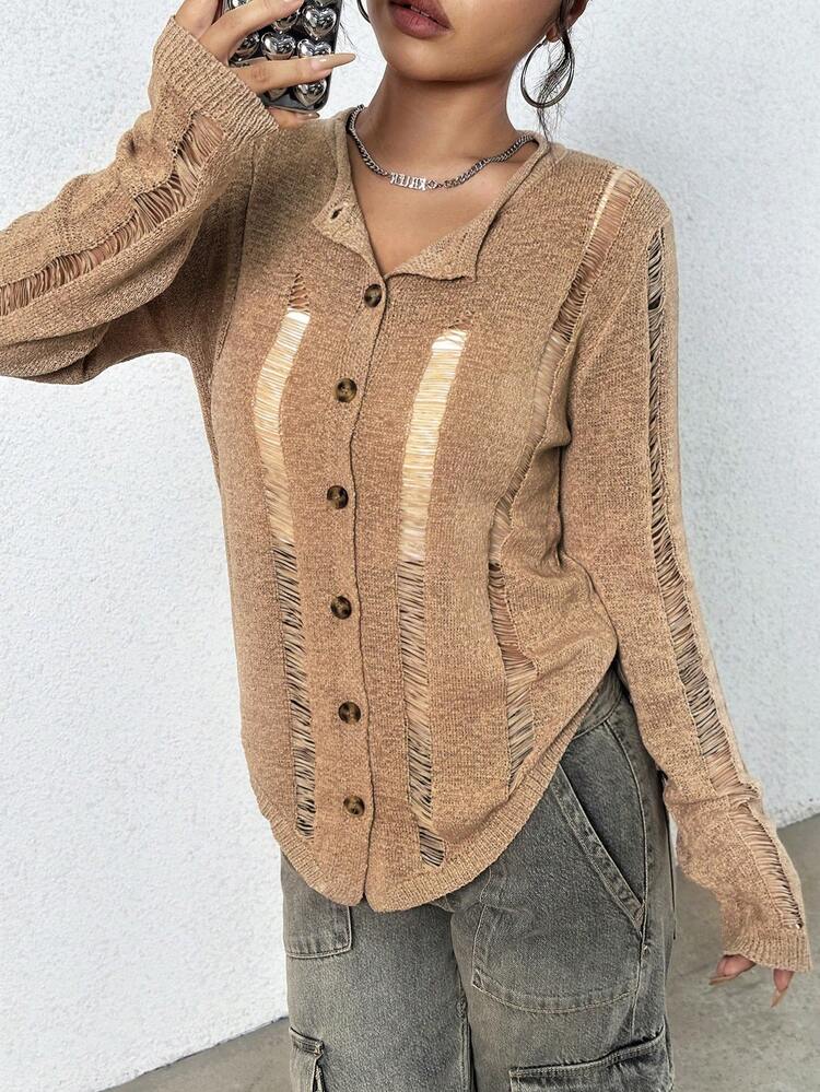 Ladies Solid Color Distressed Cardigan