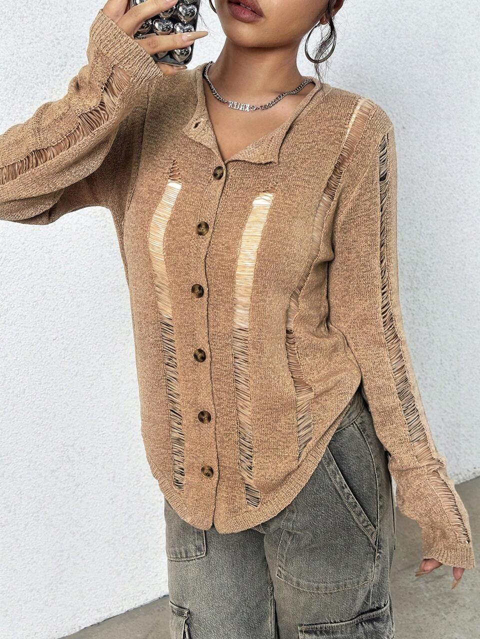 Ladies Solid Color Distressed Cardigan