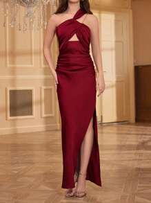 Anewsta 女式一肩鏤空連身裙 - 酒紅色 - 查看 7