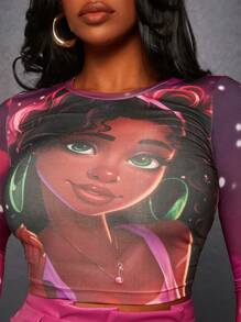 Slaydiva 女性印花修身短袖t恤,帶人物圖案 - 彩色 - 查看 4