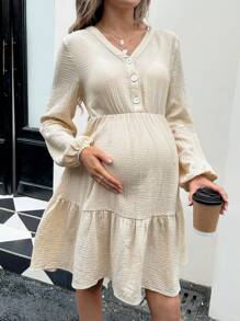 SHEIN Maternity Solid Color Lantern Sleeve Dress With Ruffle Hem - Khaki - View 5