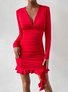 Allurite 深V領褶邊荷葉邊緊身洋裝 - 紅色 - 查看 5