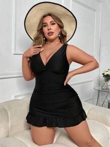 SHEIN Swim Curve Summer Beach Plus Size Ruffle Hem Bikini Set - Black - View 1