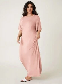 SHEIN BASICS Kích thước lớn Màu thuần Ngắn tay Đầm - Màu Hồng Tươi - Xem 4