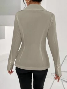 SHEIN Privé 女單排扣百褶襯衫 - 淺灰色 - 查看 2