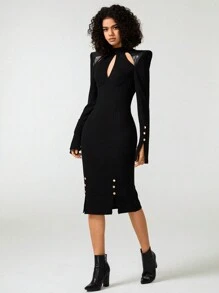 Samanta X Designer Women's Hollow Out Button Detail Slit Cuff Elegant Dress, For Holiday, Party, Birthday Concert Outfits, Festival, Rave Outfits Festival, Wedding, Prom Dress