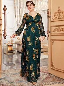 Plus Size Women' Foil Floral Print Lantern Sleeve Dress - Green - View 7