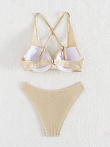 SHEIN Swim Wire Free Cross Back Bikini Set With Built-In Bra Summer Beach - Apricot - View 4