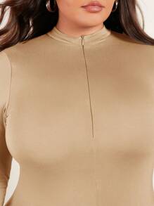 SHEIN BASICS Plus Size Solid Color Half Zippered Bodycon Dress With Long Sleeve - Khaki - View 5