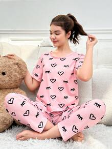 Teenage Girls' Heart & Eyelash Patterned Homewear Set - Pink - View 3