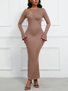 Zolique Solid Color Bell-sleeve Bodycon Dress - Coffee Brown - View 3