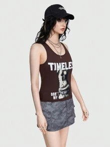 ROMWE Street Life 街頭藝術字母和數字印花無袖肌肉背心 - 摩卡棕 - 查看 5